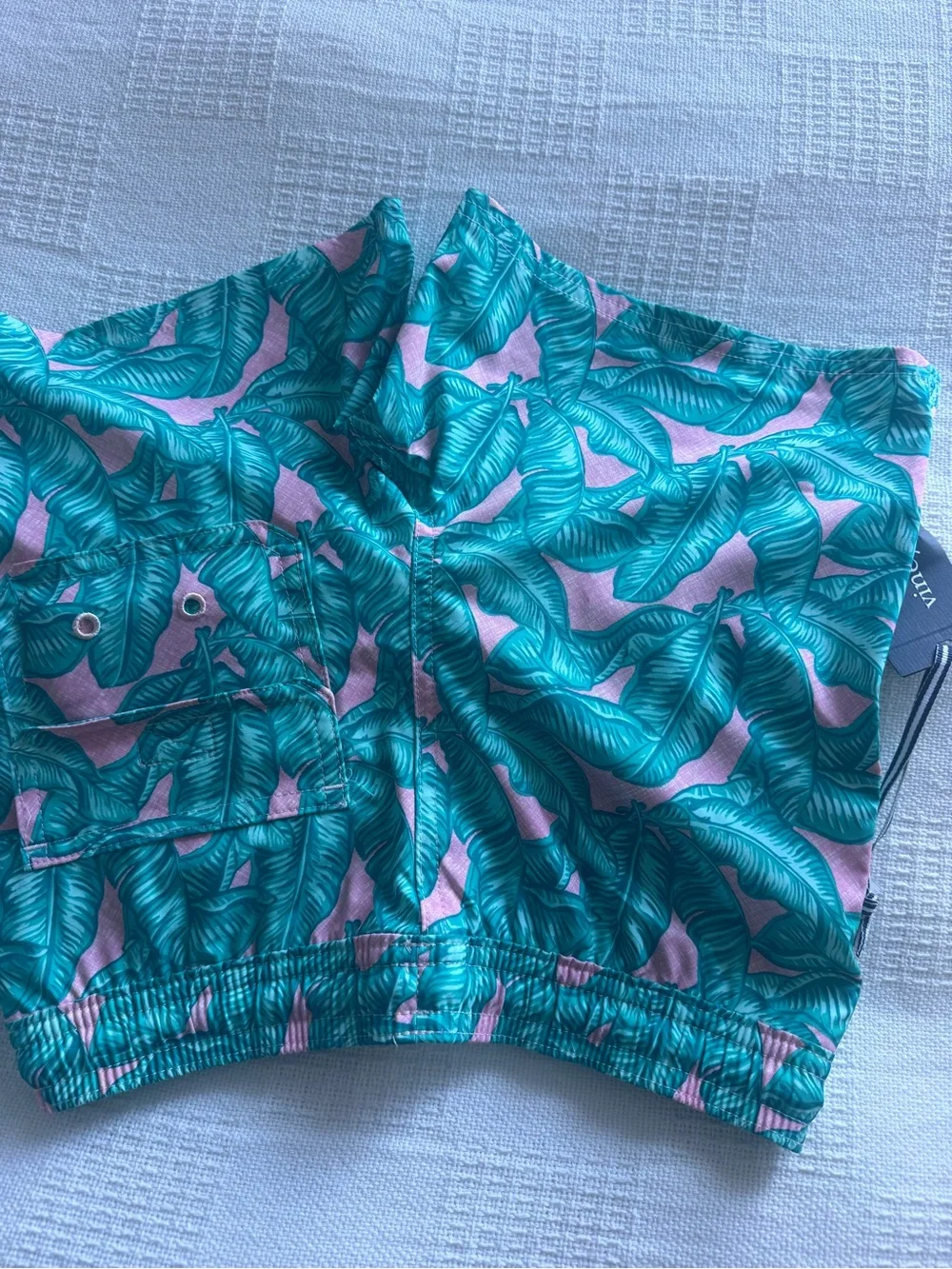Vineyard Vines Teal Leaf Print Swim Shorts on Pink